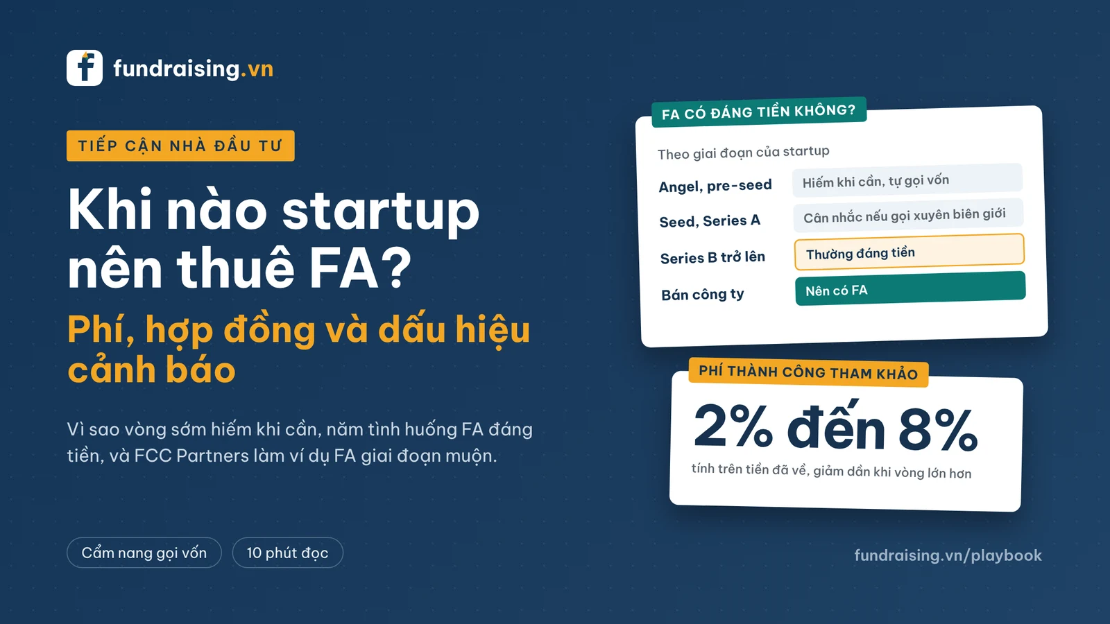 Khi nào startup nên thuê FA: angel và pre-seed gần như không cần, Series B, gọi vốn xuyên biên giới và M&A là lúc FA đáng tiền; phí thành công tham khảo 2% đến 8%